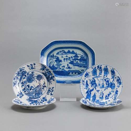 FOUR BLUE AND WHITE FLORAL AND FIGURAL PORCELAIN PLATES AND ...