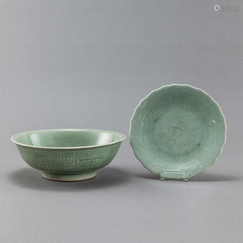 A CELADON-GLAZED LOTUS-SHAPED DISH AND A BOWL