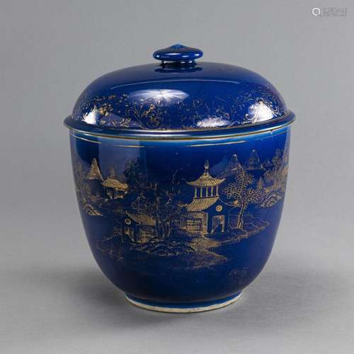 A LARGE POWDER-BLUE PORCELAIN BOX AND COVER WITH GOLDEN LAND...