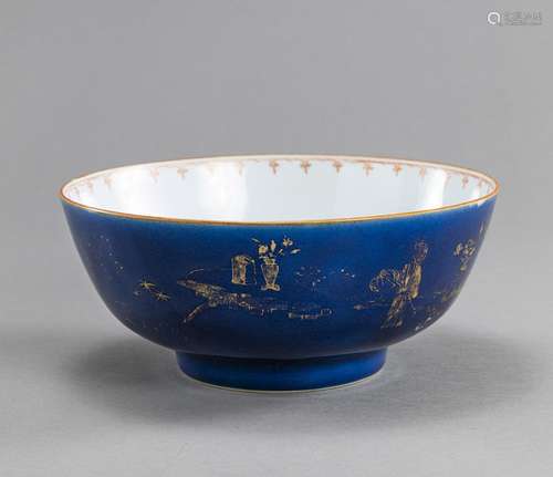 A POWDER-BLUE PUNCH BOWL WITH GOLDEN 'LADIES IN THE GAR...