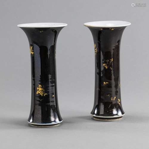 A PAIR OF MIRROR-BLACK-GLAZED 'GU'-SHAPED VASES WI...