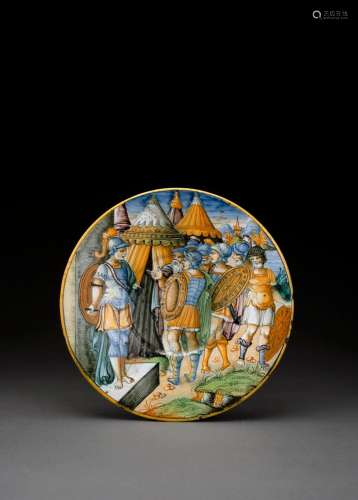AN URBINO FIGURAL PAINTED MAIOLICA DISH DEPICTING THE EMBASS...