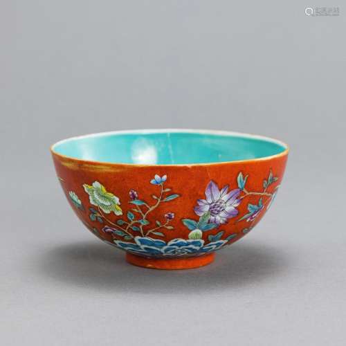 A CORAL-RED 'FALANGCAI'-STYLE FLORAL BOWL