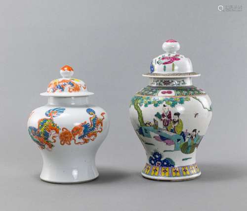 TWO POLYCHROME FIGURES AND FO LIONS PORCELAIN BALUSTRE VASES...