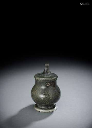SMALL PEWTER MOUNTED SERPENTINE JAR AND COVER