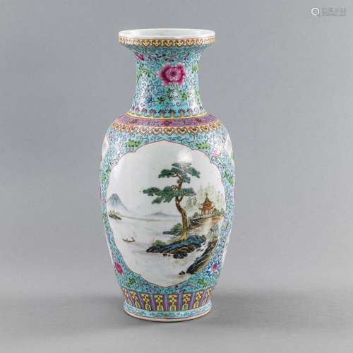 FAMILLE ROSE VASE WITH DEPICTIONS OF LANDSCAPES IN CARTOUCHE...
