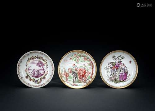 THREE MEISSEN HAUSMALEREI SAUCERS