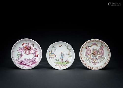 A GERMAN PORCELAIN HAUSMALEREI SAUCER AND TWO VIENNA (DU PAQ...