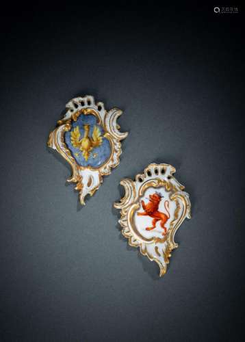 TWO GERMAN PORCELAIN ARMORIAL SMALL ROCOCO PLAQUES