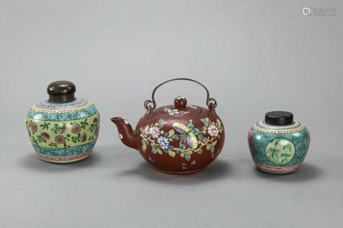 AN ENAMEL-DECORATED 'YIXING' TEAPOT AND TWO VASES ...