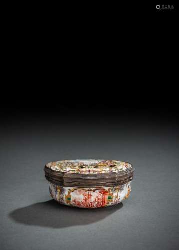 A SILVER-GILT-MOUNTED DRESDEN ENAMEL OVAL SNUFF-BOX AND COVE...