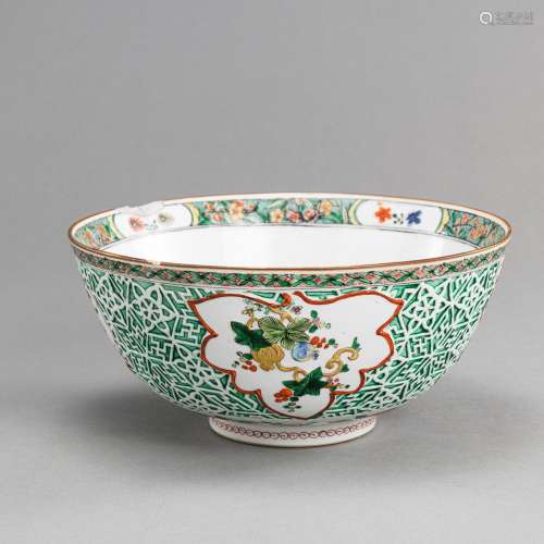 A 'FAMILLE VERTE' PUNCH BOWL WITH STYLIZED RELIEF ...