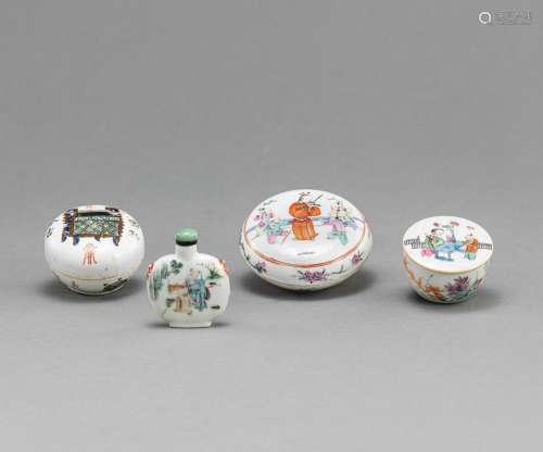 THREE LIDDED BOXES AND A SNUFFBOTTLE MADE OF PORCELAIN IN FA...