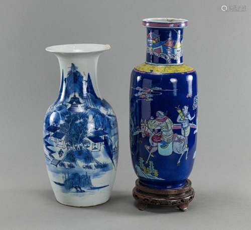 TWO BLUE-GROUND AND BLUE AND WHITE PORCELAIN VASES