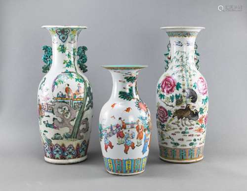 THREE POLYCHROME PORCELAIN VASES PAINTED WITH FLORAL AND BIR...