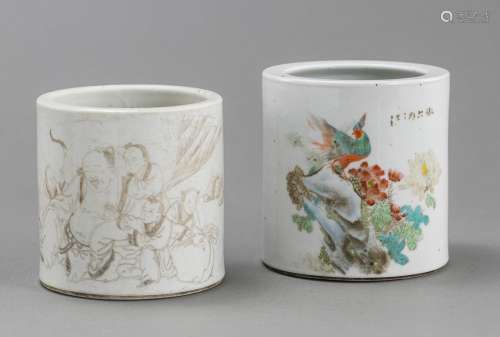 TWO PORCELAIN BRUSH POTS WITH PHEASANT AND PEONIES IN POLYCH...