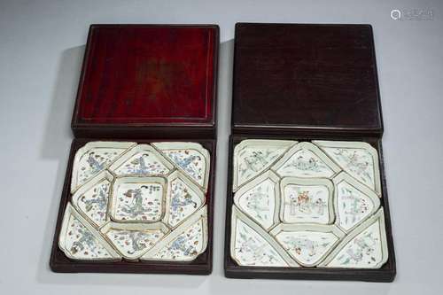 TWO NINE-PIECE PORCELAIN SWEETMEAT SETS WITH FIGURAL DECORAT...