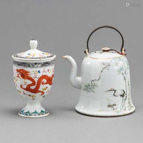 POLYCHROME PORCELAIN TEAPOT WITH A CRANE UNDER A PINE TREE A...