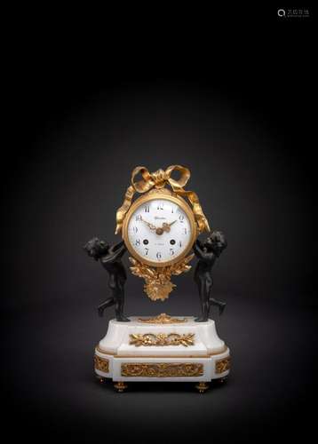 A FRENCH NEOCLASSICAL GILT BRONZE AND WHITE MARBLE PENDULE