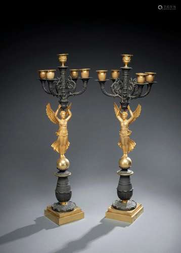 A PAIR OF FRENCH CHARLES X ORMOLU AND PAINTED BRONZE FIVE LI...