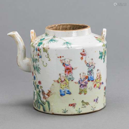 A 'FAMILLE ROSE' PLAYING BOYS PORCELAIN TEAPOT