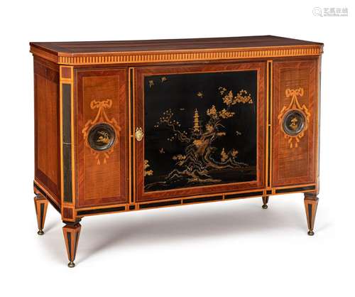 A RARE MAHOGANY MARQUETRY AND LACQUER PAINTED TRANSFORMATION...