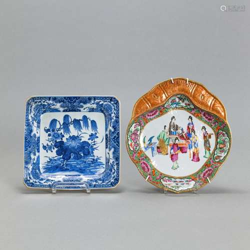 A SEASHELL-SHAPED 'FAMILLE ROSE' PLATE AND A SQUAR...