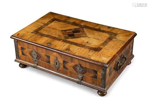 A GERMAN IRON MOUNTED, WALNUT AND FRUITWOOD PARQUETRY CASKET