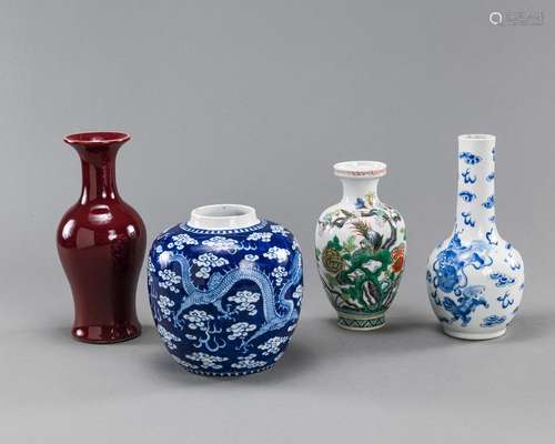 A COPPER-RED VASE, A BLUE AND WHITE FO-LION VASE, A GINGER J...