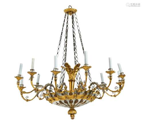 AN ELABORATE CARVED, SILVERED AND GILT BIEDERMEIER CHANDELIE...