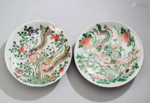 TWO LARGE WUCAI PLATES DECORATED WITH PHOENIXES AND PEONIES