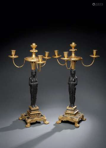 A PAIR OF WOOD AND STUCCO EMPIRE CANDELABRA