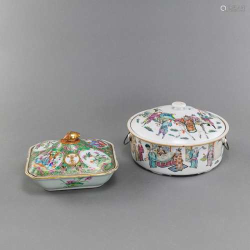 TWO 'FAMILLE ROSE' FIGURAL PORCELAIN TUREENS AND C...