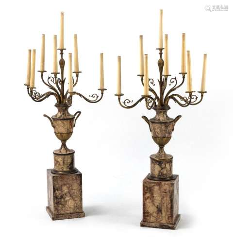 A PAIR OF EIGHT LIGHT PAINTED METAL BRASS AND WOOD CANDELABR...