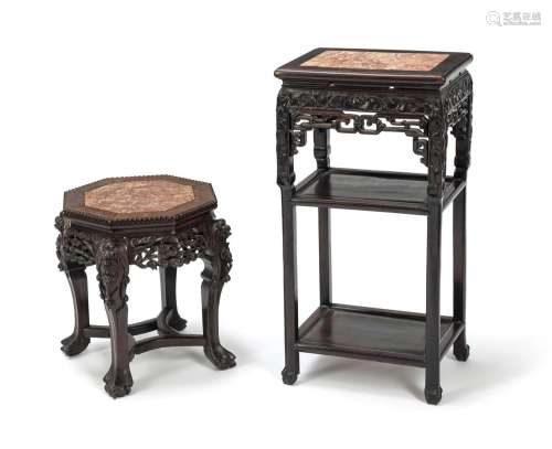 TWO MARBLE-INLAID WOOD STANDS