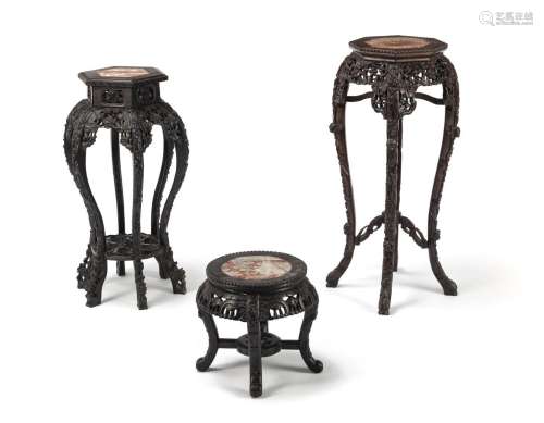 THREE MARBLE-INLAID SIDE TABLES WITH FLORAL APRONS