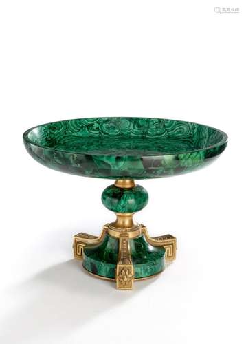 A PROBABLY RUSSIAN ORMOLU MOUNTED NEOCLASSICAL MALACHITE TAZ...