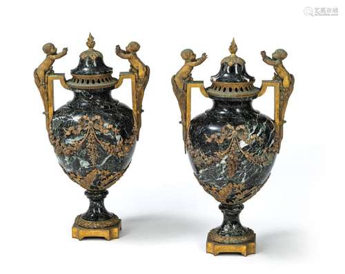 A PAIR OF FRENCH ORMOLU MOUNTED VERT DE MER MARBLE TWO-HANDL...