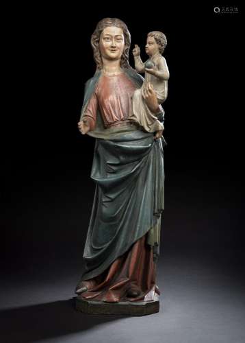 AN IMPORTANT MEDIEVAL SCULPTURE OF VIRGIN AND CHILD