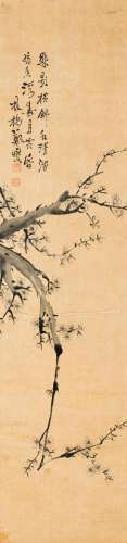 INK PAINTING ON PAPER DEPICTING FLOWERING PLUM BRANCHES IN T...