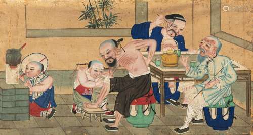 AN ANONYMOUS PAINTING: MEN AND BOYS DOING PERSONAL CARE