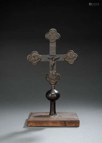 A BRONZE AND IRON PROCESSION CROSS