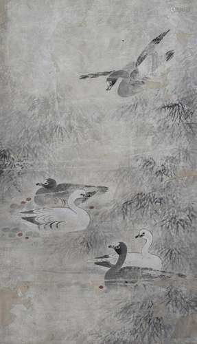 TWO PAINTINGS WITH WILD GEESE ON WINTRY WATERS. INK AND COLO...