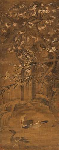 PAINTING WITH MAGPIES BETWEEN PLUM BLOSSOMS AND A PAIR OF FL...