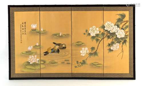 A FOUR-PART SCREEN WITH MANDARIN DUCKS IN A LOTUS POND UNDER...