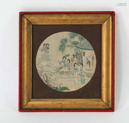 ROUND FAN PAINTING OF WOMEN IN A GARDEN