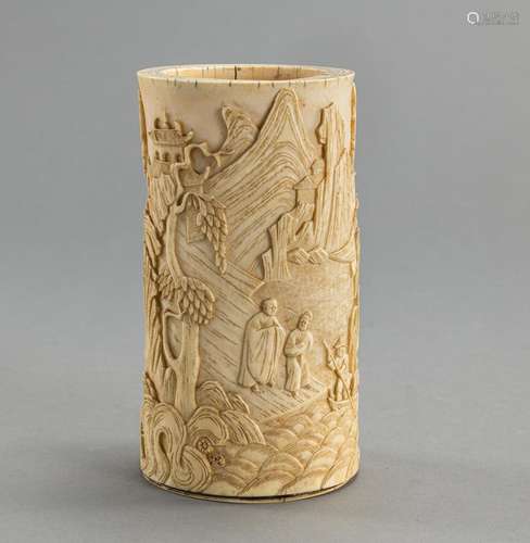 A CARVED IVORY BRUSHPOT WITH A FIGURAL SCENE