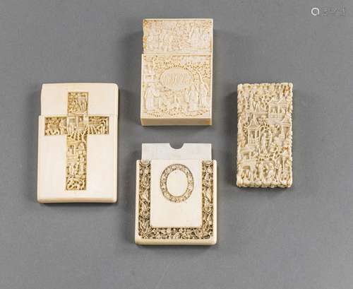 A GROUP OF FOUR FINELY CARVED FLORAL AND FIGURAL IVORY CARD ...