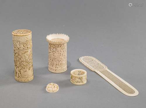 A GROUP OF IVORY CARVINGS, E.G. AN OPENWORK LETTER OPENER