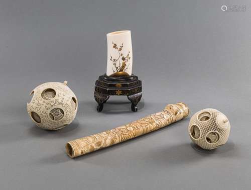 A SHIBAYAMA IVORY BRUSHPOT, A HILT, AND TWO IVORY PUZZLE BAL...